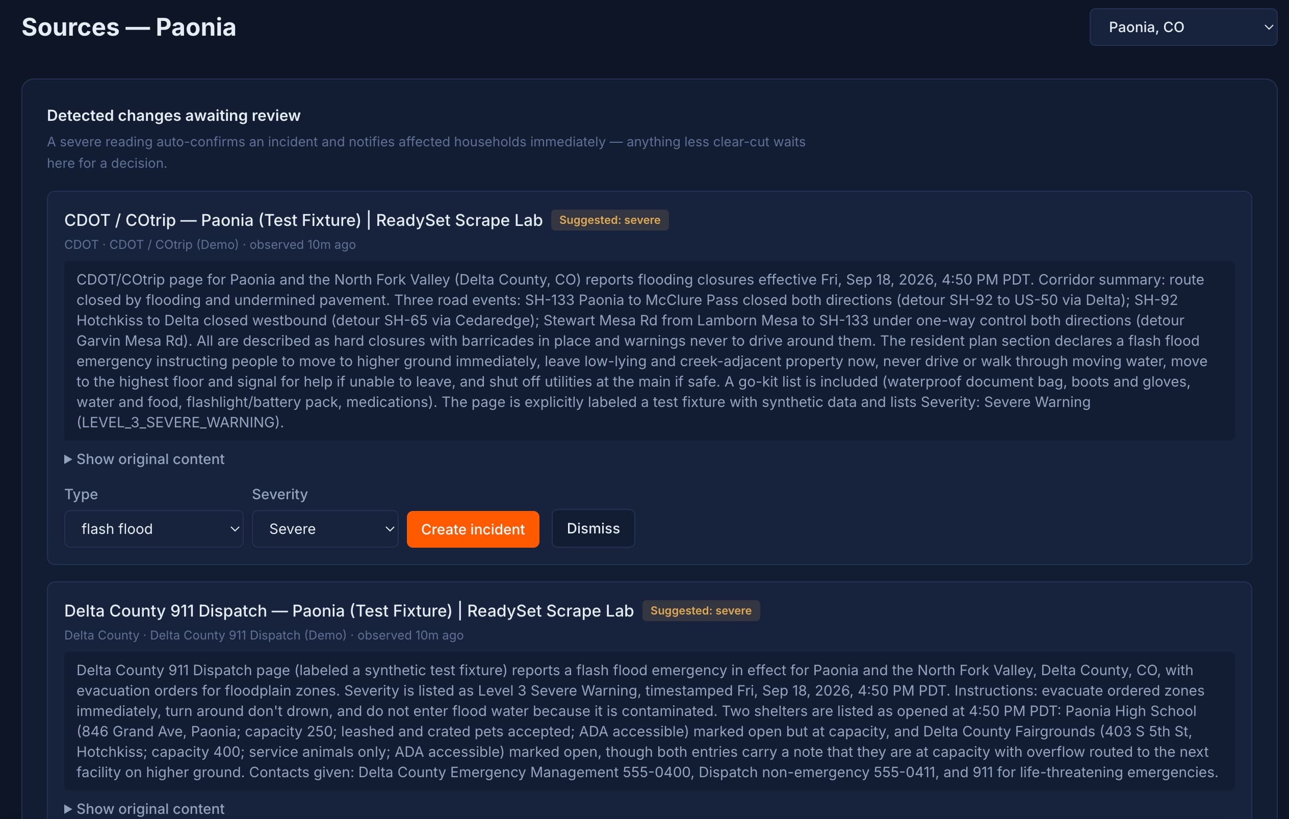 ReadySet source review queue showing detected changes awaiting human review, with full scraped content, AI summary, and editable incident type and severity